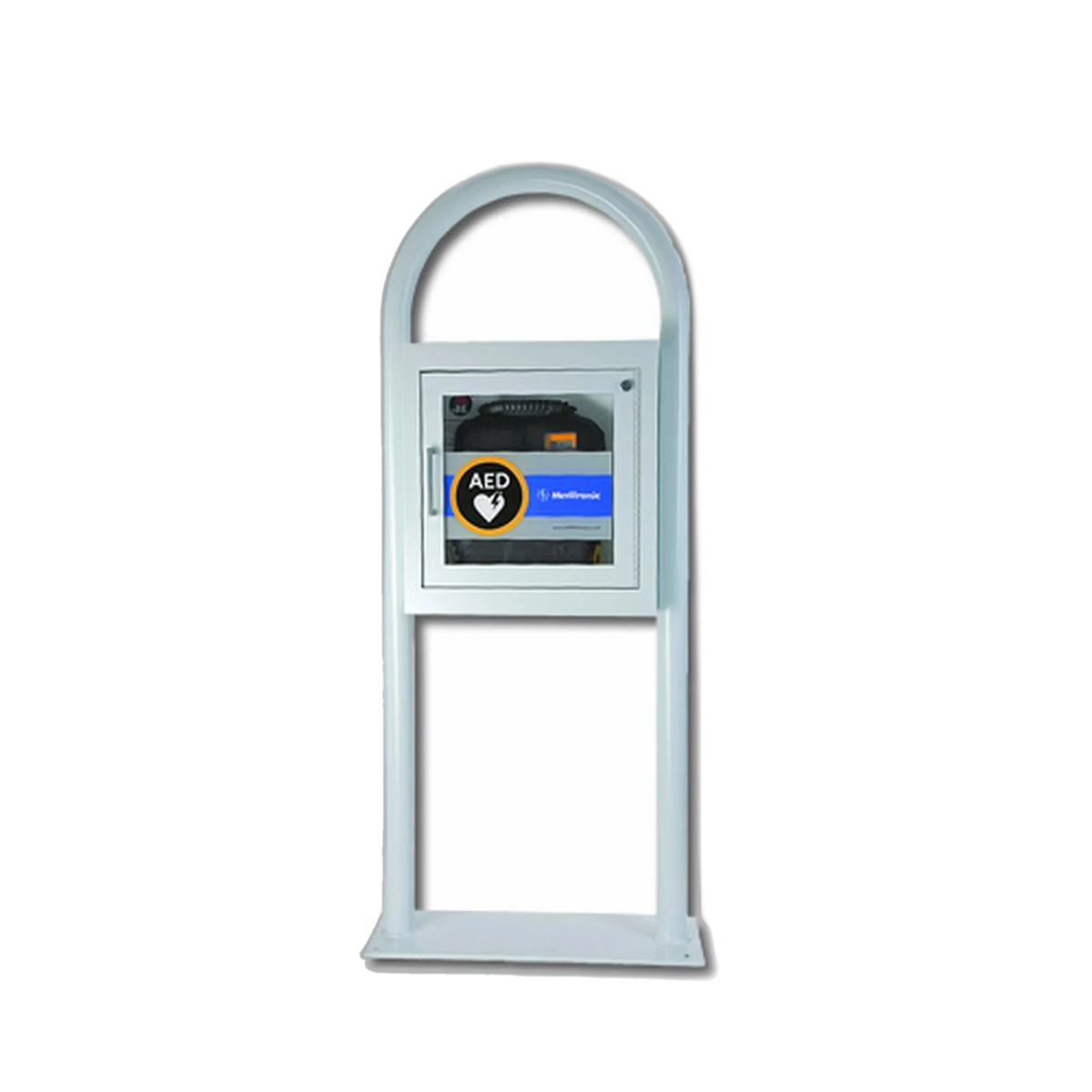 AED floor stand cabinet, white freestanding stand with an arched top and an AED cabinet window