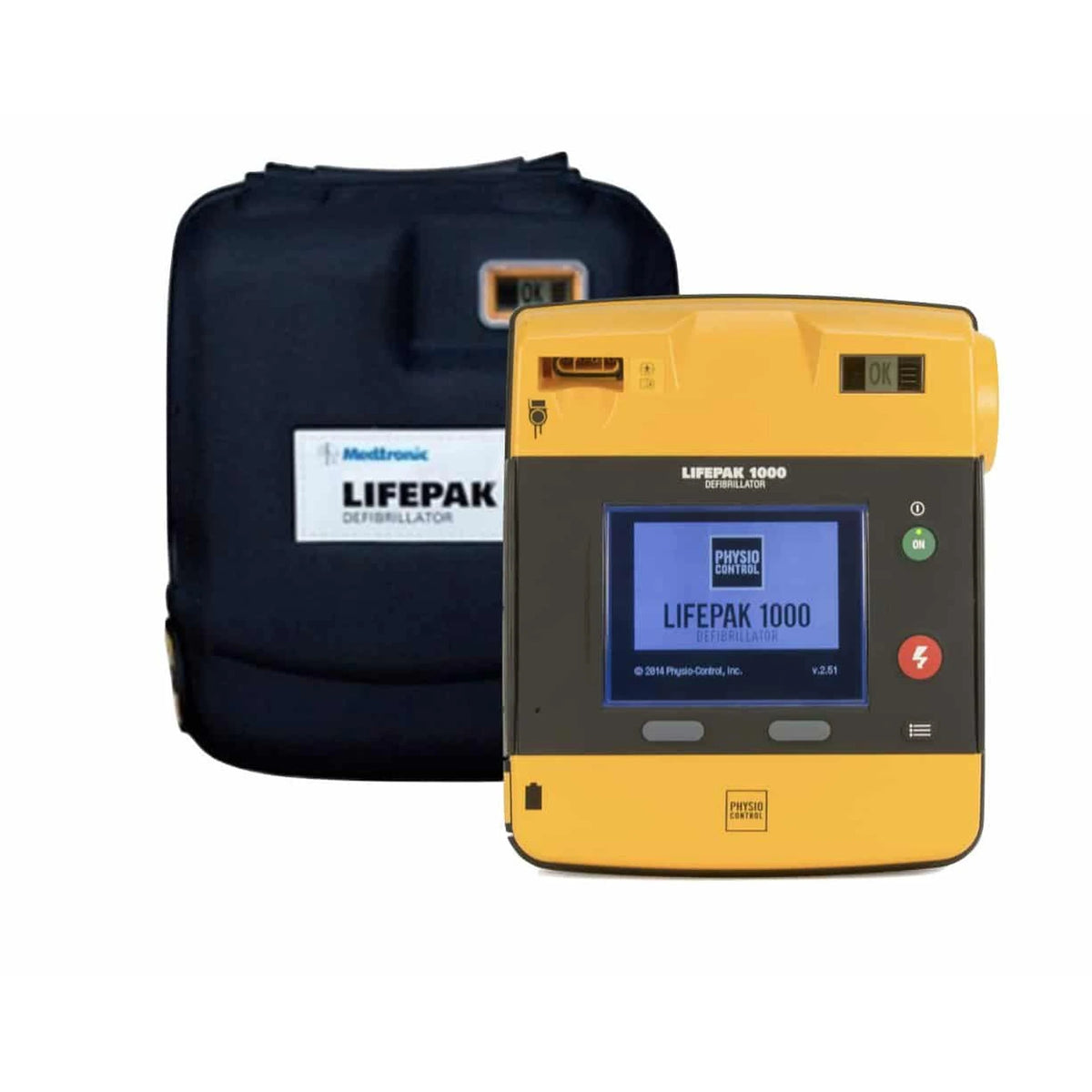 Physio-Control LIFEPAK 1000 defibrillator angled view with a blank display screen