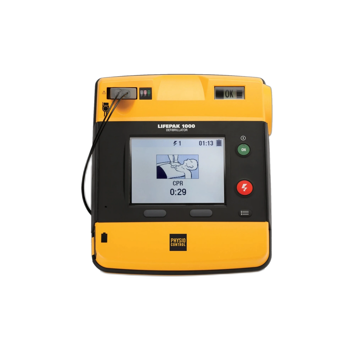 Physio-Control LIFEPAK 1000 defibrillator front view with the display showing live CPR guidance