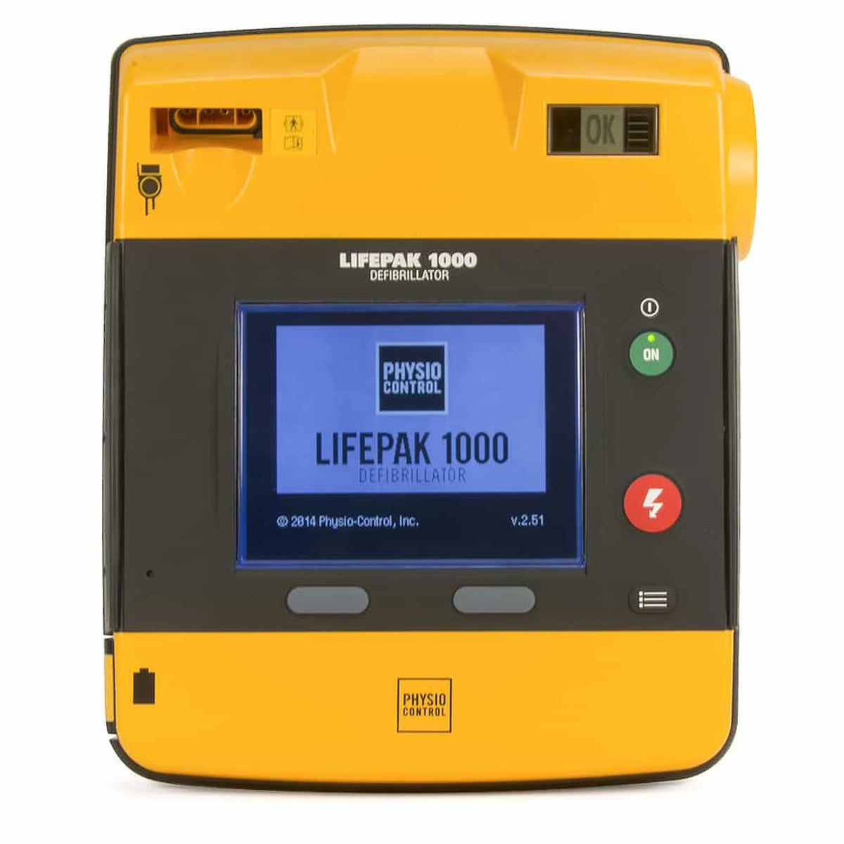 Physio-Control LIFEPAK 1000 defibrillator front view showing the startup screen