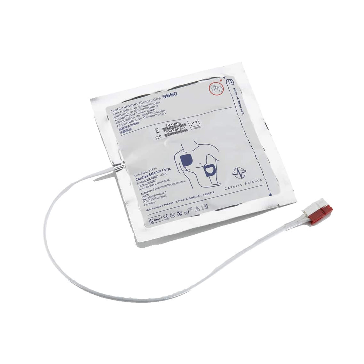 Cardiac Science Powerheart AED G3 Pro Defibrillation Electrodes package, angled view of the sealed foil pouch showing REF 9660 and the red connector cable