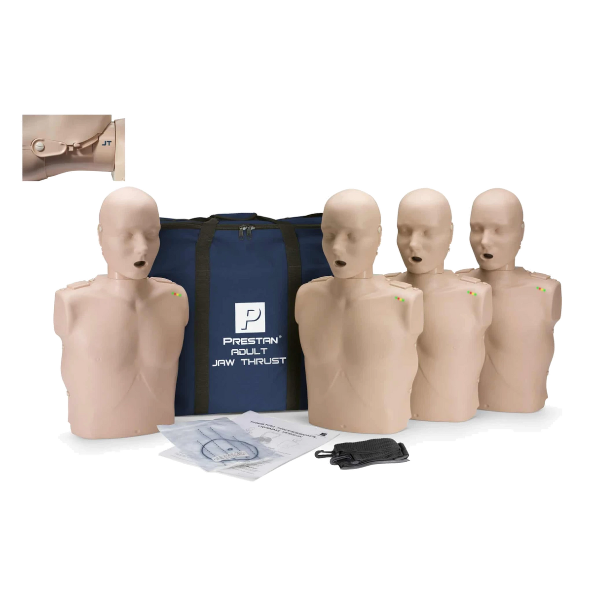 Four PRESTAN adult jaw thrust CPR manikins, medium skin tone, with navy carry bag, lung bags, and a close-up of the jaw thrust hinge
