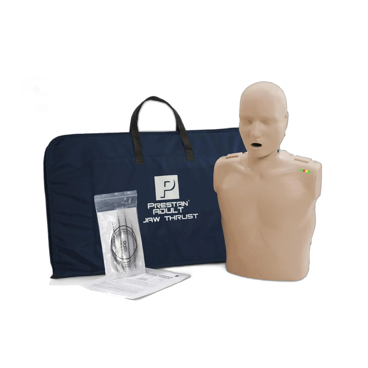 PRESTAN adult jaw thrust CPR manikin, medium skin tone, with navy carry bag, lung bags, and a close-up of the jaw thrust hinge