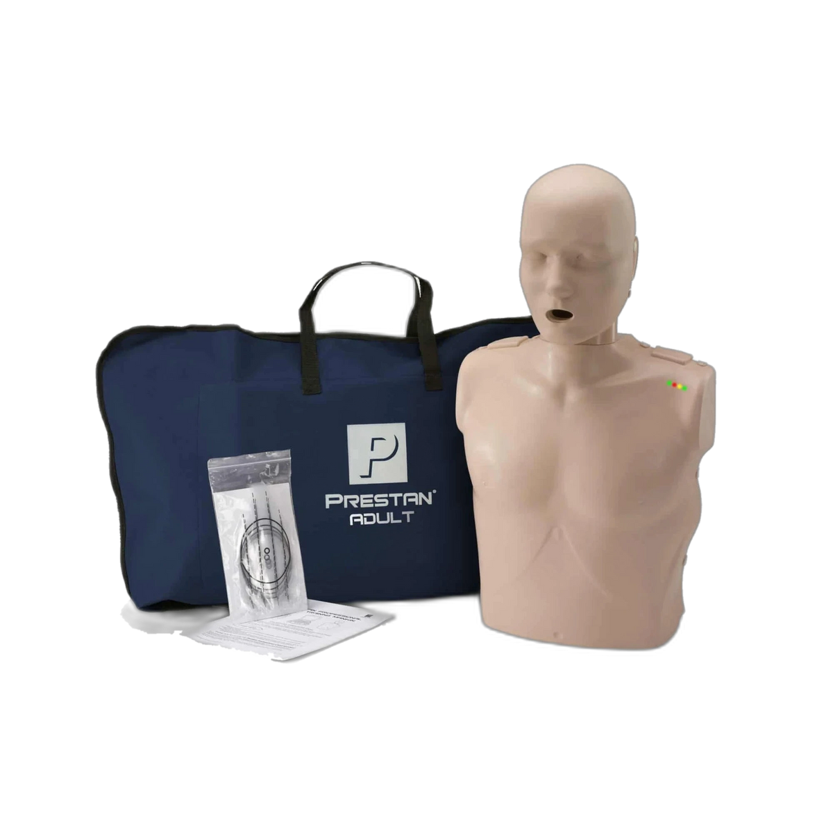 PRESTAN Professional adult CPR manikin, medium skin tone, with navy PRESTAN Adult carry bag and lung bags