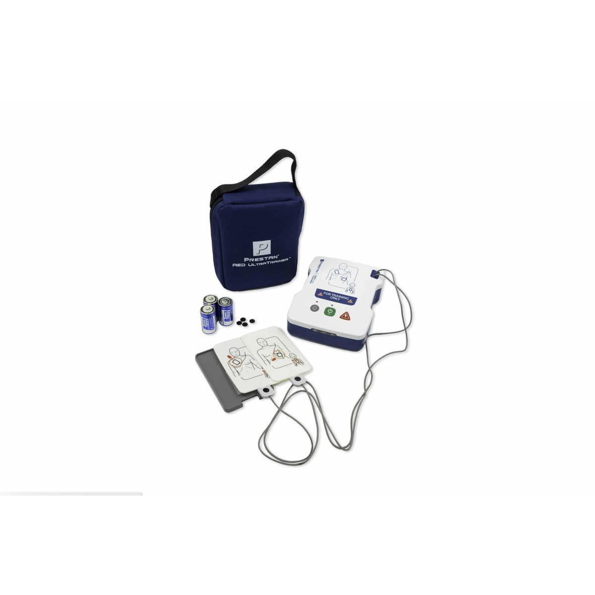 Prestan AED UltraTrainer with its carry case, batteries, and two training electrode pads