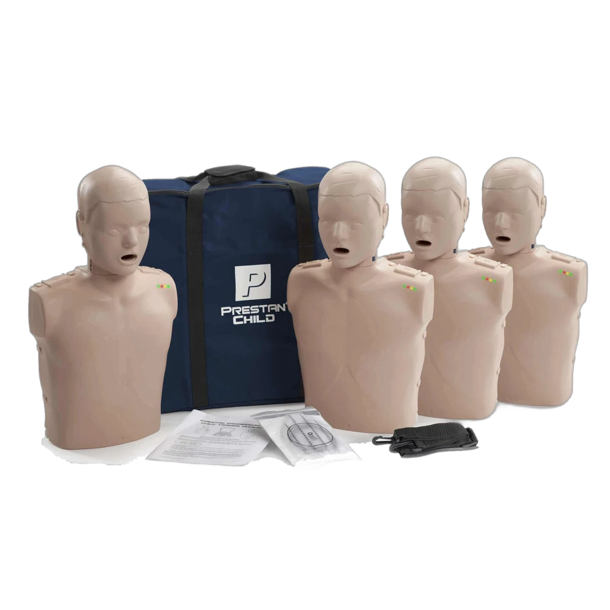 Four PRESTAN Professional child CPR manikins, medium skin tone, with navy PRESTAN Child carry bag and lung bags