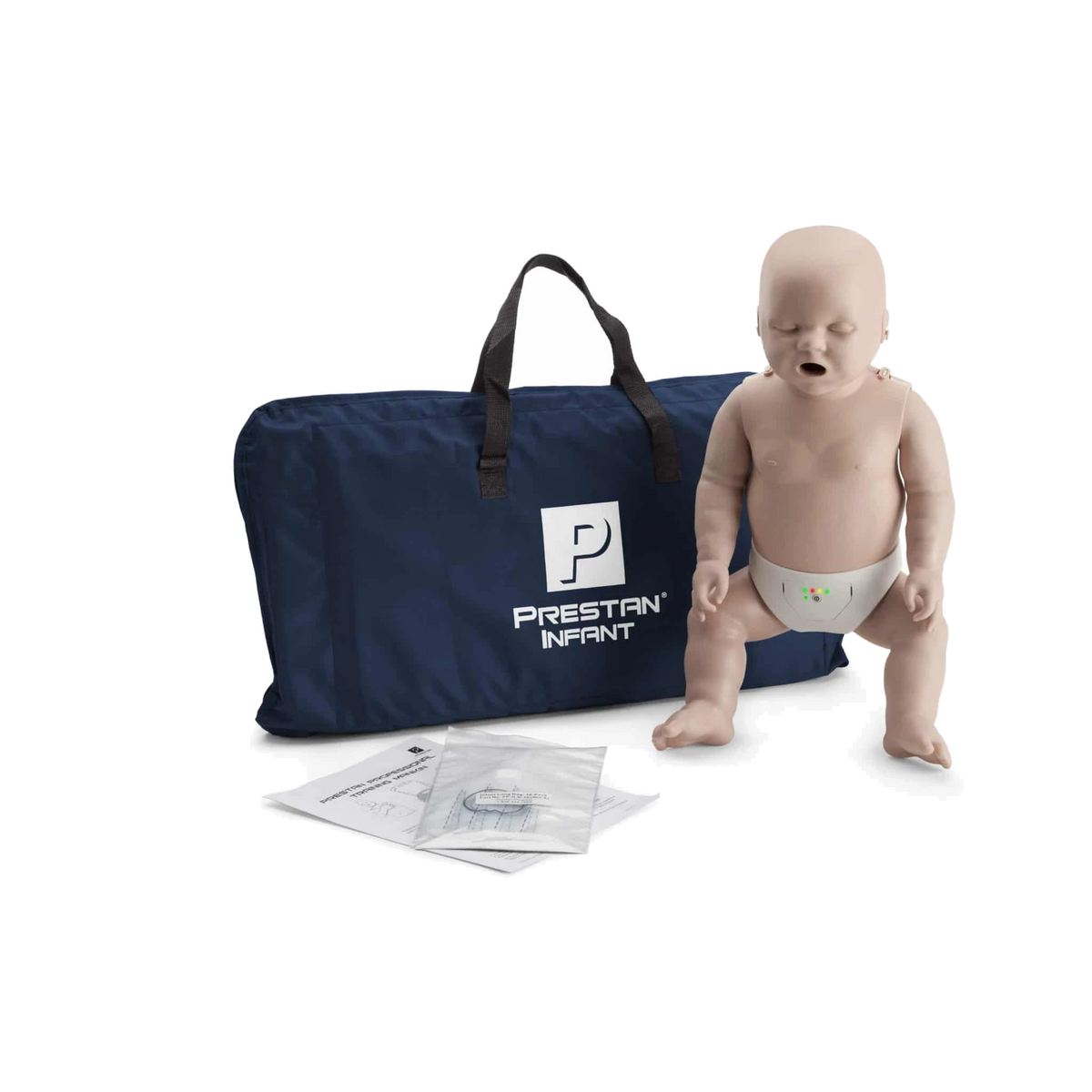 PRESTAN Professional infant CPR manikin, medium skin tone, with navy PRESTAN Infant carry bag and lung bags