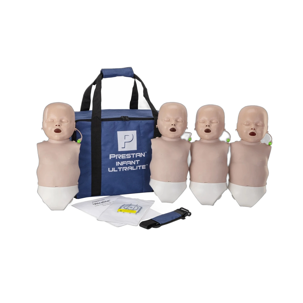 Four PRESTAN Infant Ultralite CPR manikins, medium skin tone, with navy carry bag and lung bags