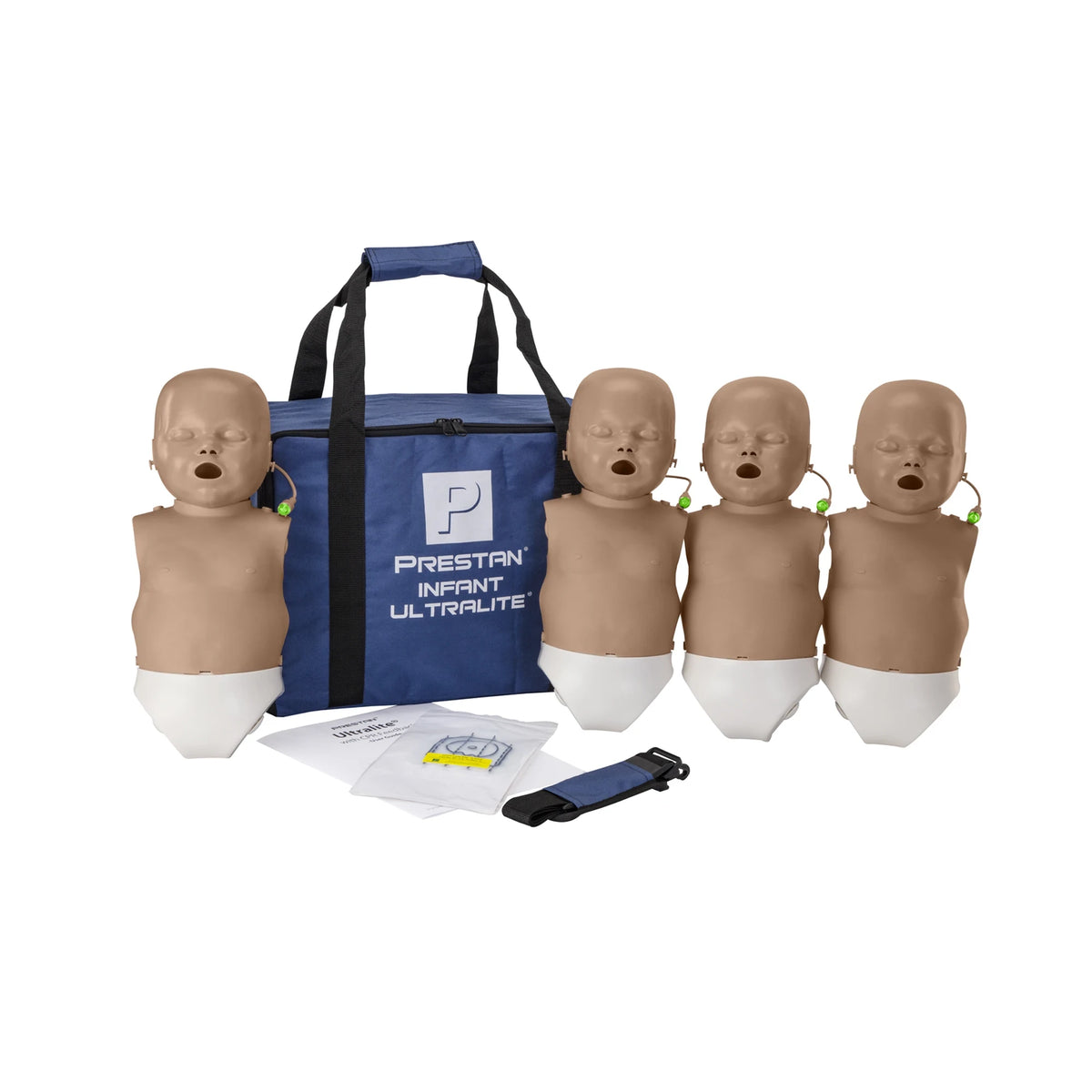 Four PRESTAN Infant Ultralite CPR manikins, dark skin tone, with navy carry bag and lung bags