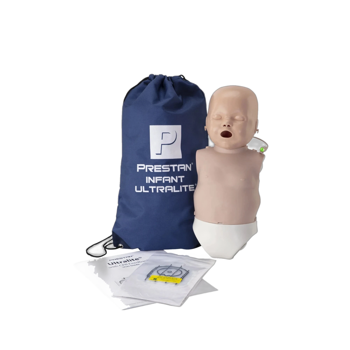 PRESTAN Infant Ultralite CPR manikin, medium skin tone, with navy drawstring carry bag and lung bags