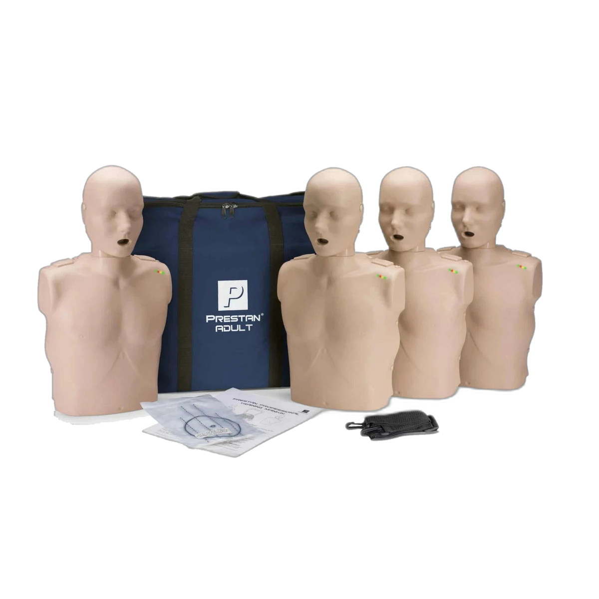 Four PRESTAN Professional adult CPR manikins, medium skin tone, with navy PRESTAN Adult carry bag and lung bags