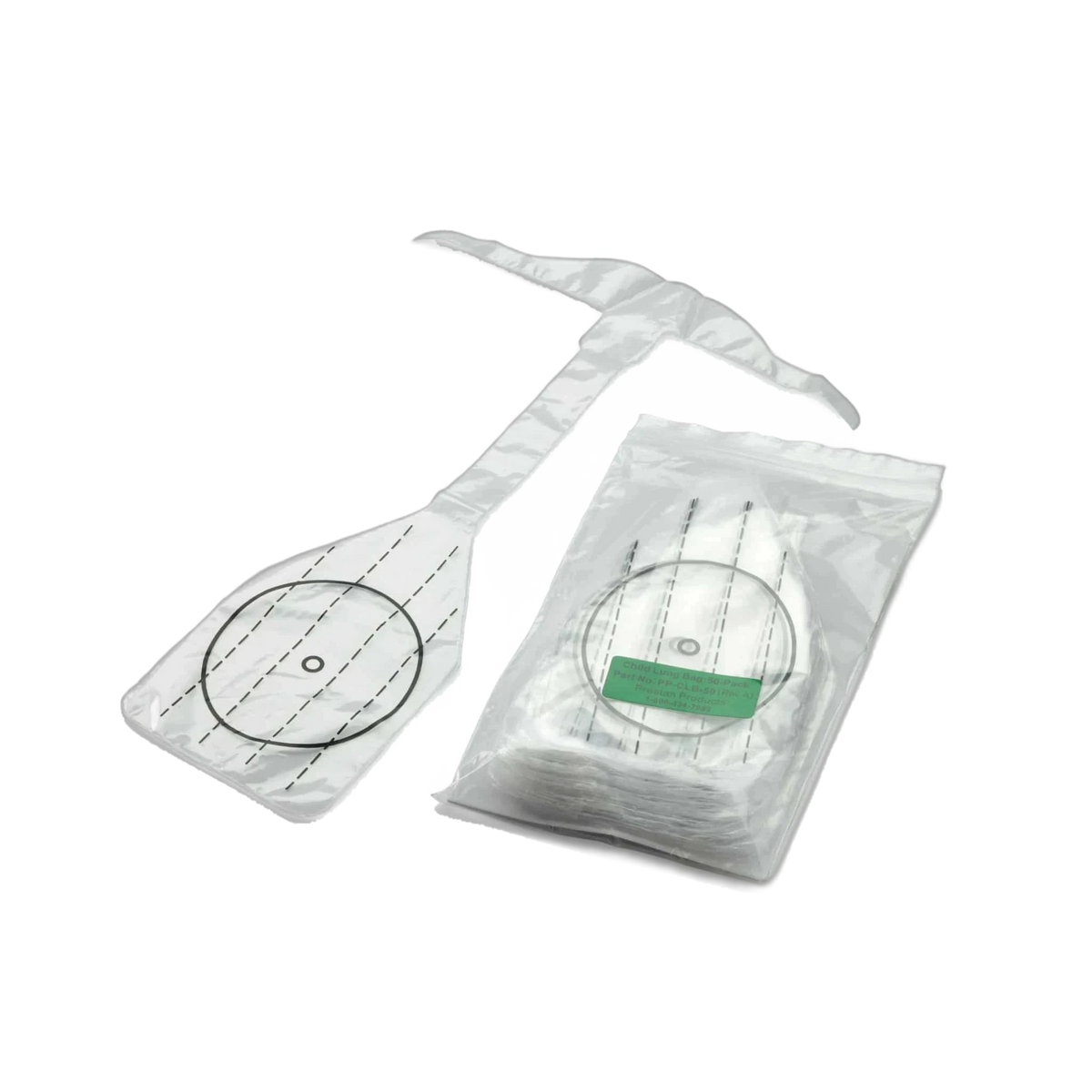 PRESTAN child manikin face-shield lung bags, one unfolded beside a sealed pack