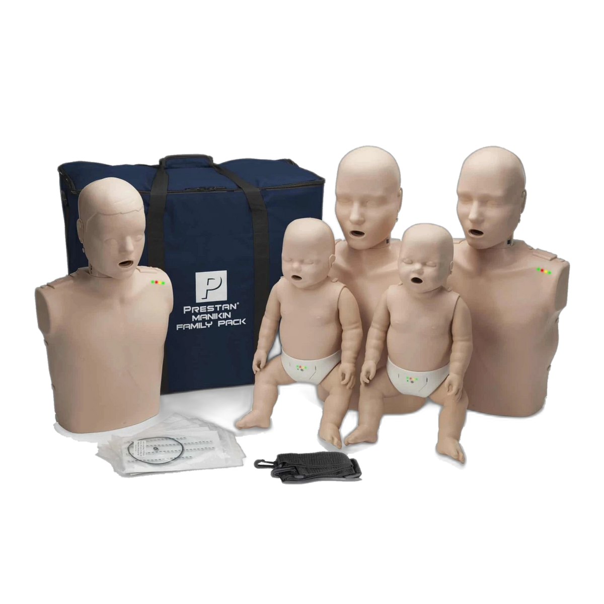 PRESTAN Manikin Family Pack with two adult, one child, and two infant CPR manikins, medium skin tone, and navy carry bag