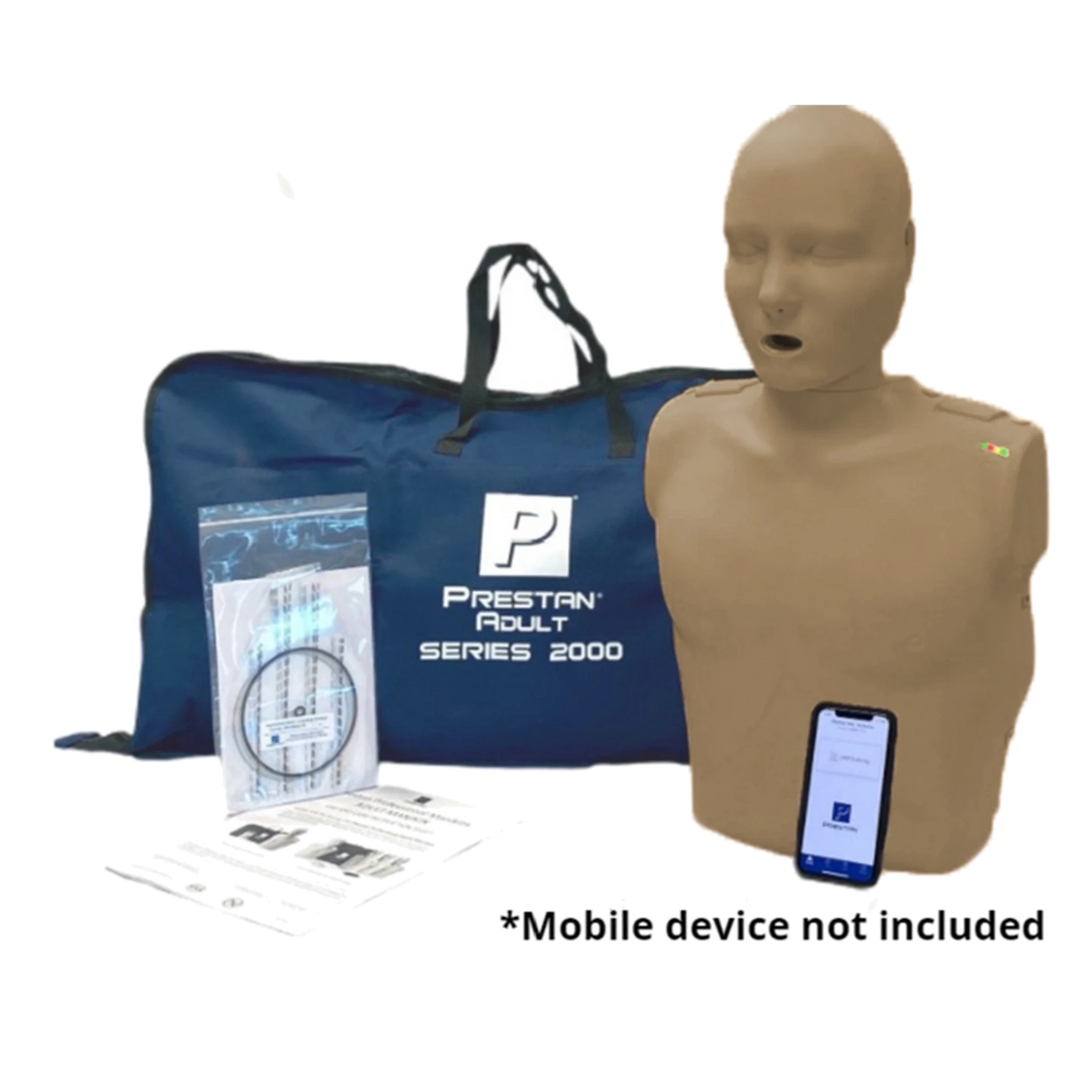 PRESTAN Professional Series 2000 adult CPR manikin, dark skin tone, with navy carry bag, lung bags, and a phone running the feedback app