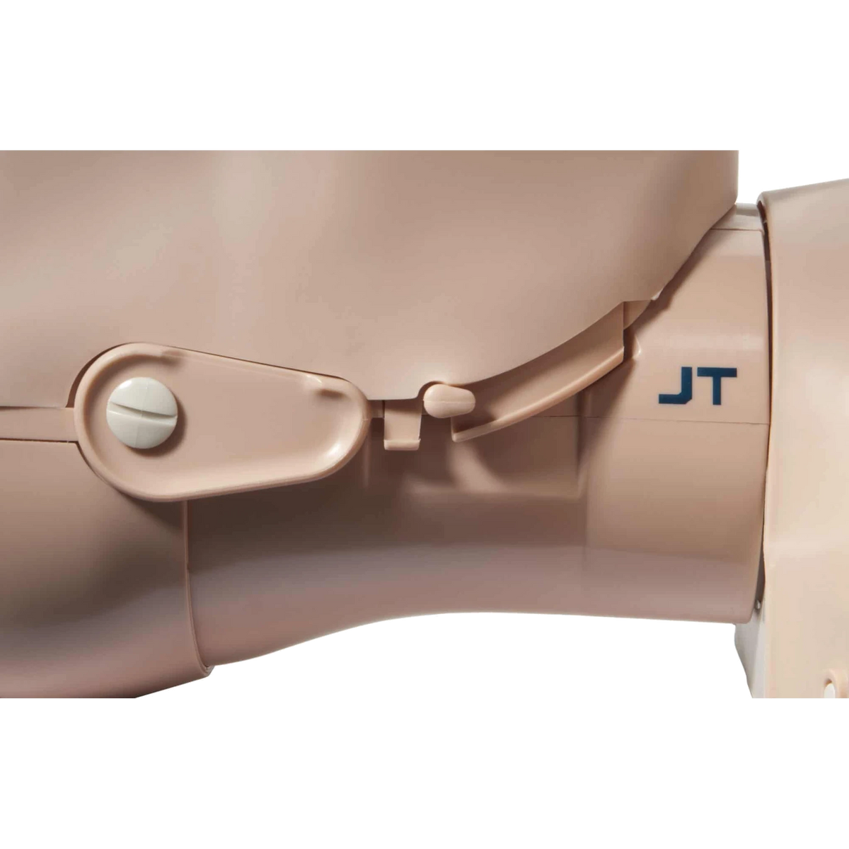 Close-up of the PRESTAN jaw thrust manikin head hinge marked JT, medium skin tone