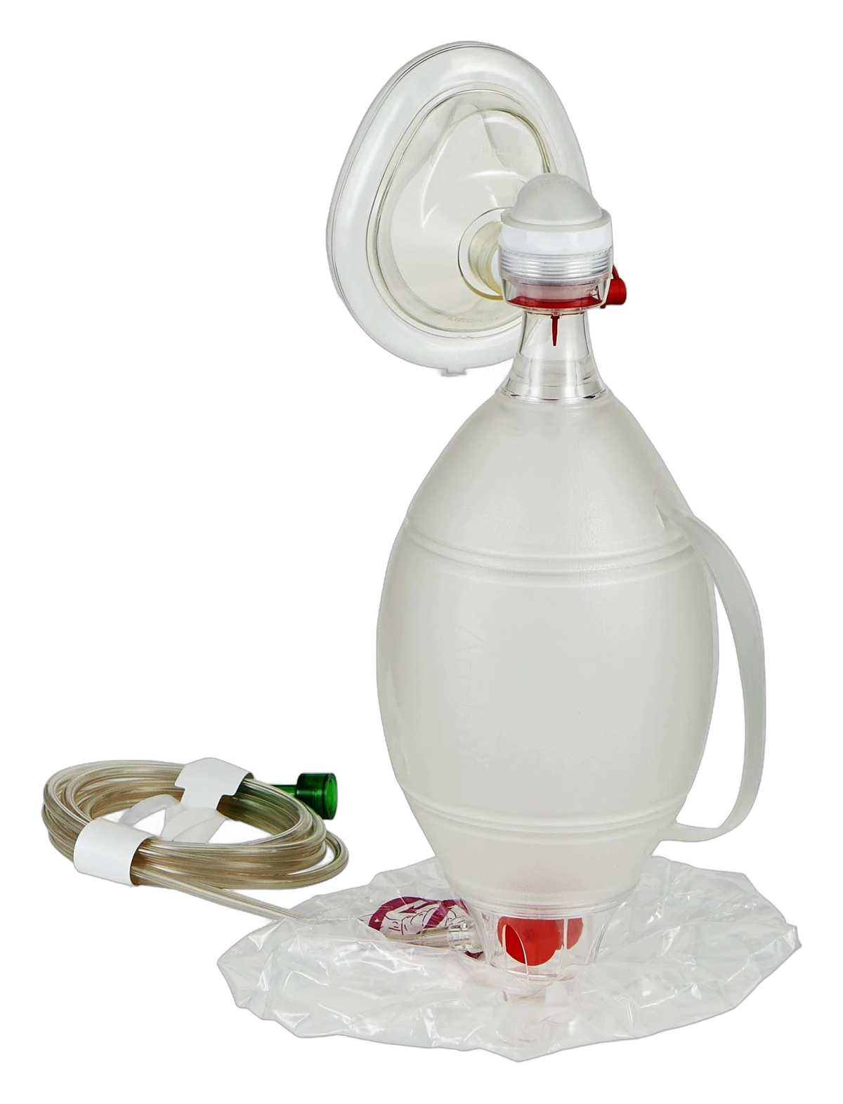 Bag resuscitator with adult face mask, oxygen reservoir bag, and oxygen tubing
