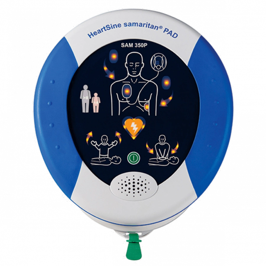 HeartSine samaritan PAD 350P AED, top view with rescue instruction graphics