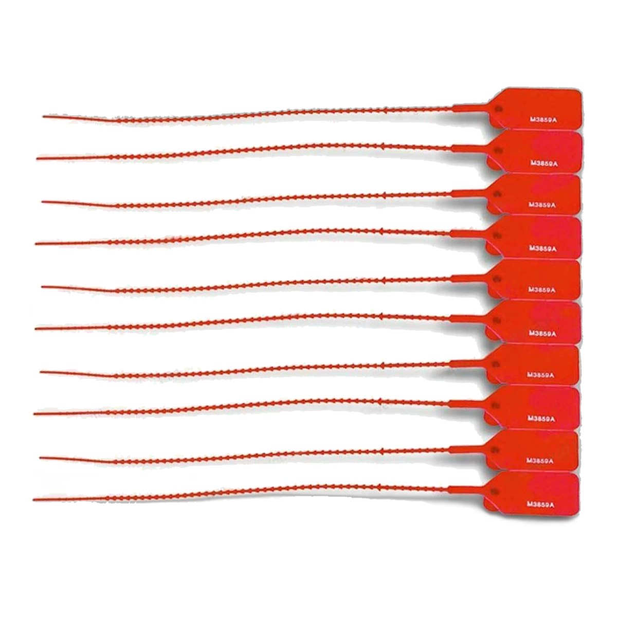 Secure Pull Seal 10-pack M3859A, ten red numbered plastic tamper-evident seals with pull-tab tags