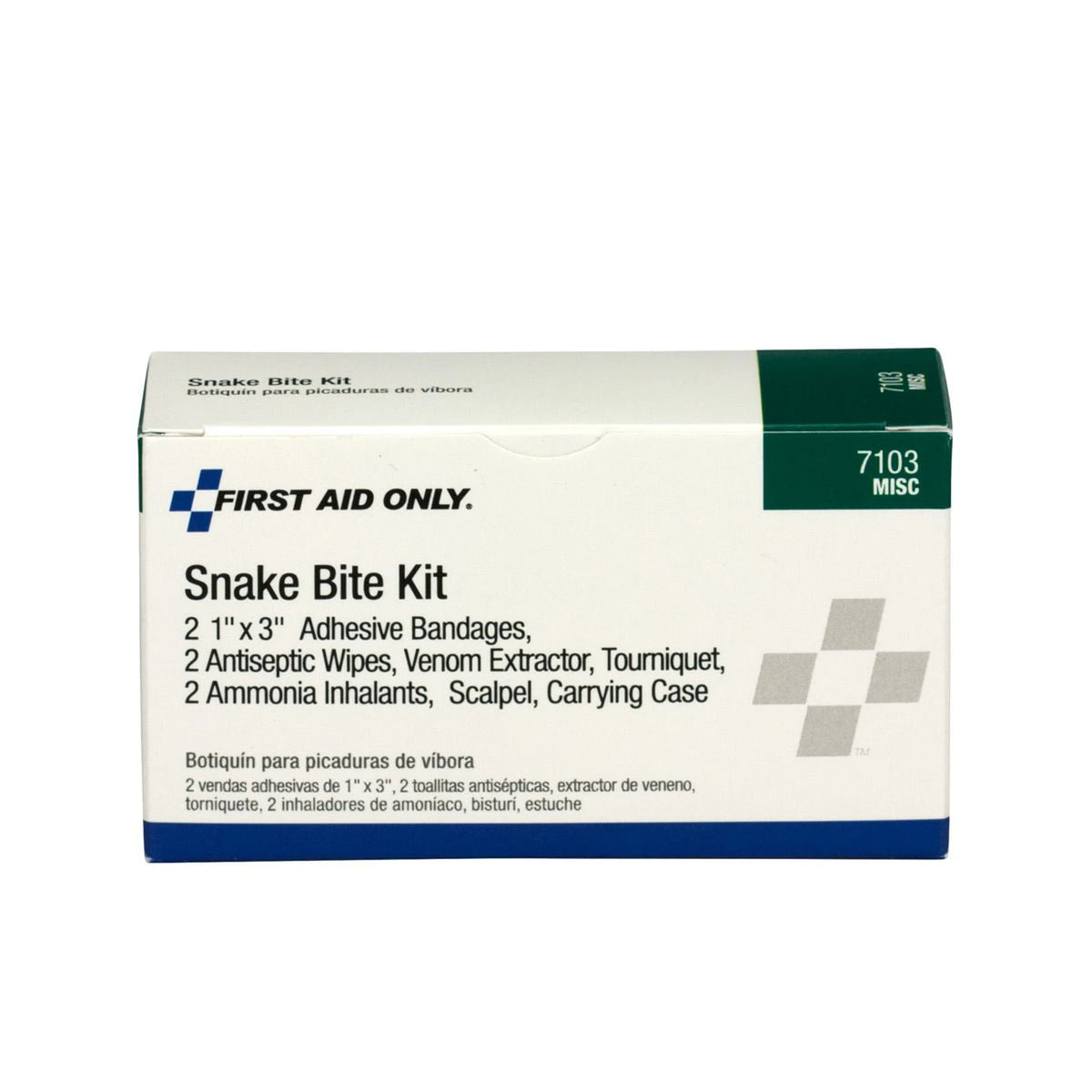 First Aid Only Snake Bite Kit box, front label reading "2 1\" x 3\" Adhesive Bandages, 2 Antiseptic Wipes, Venom Extractor, Tourniquet, 2 Ammonia Inhalants, Scalpel, Carrying Case"