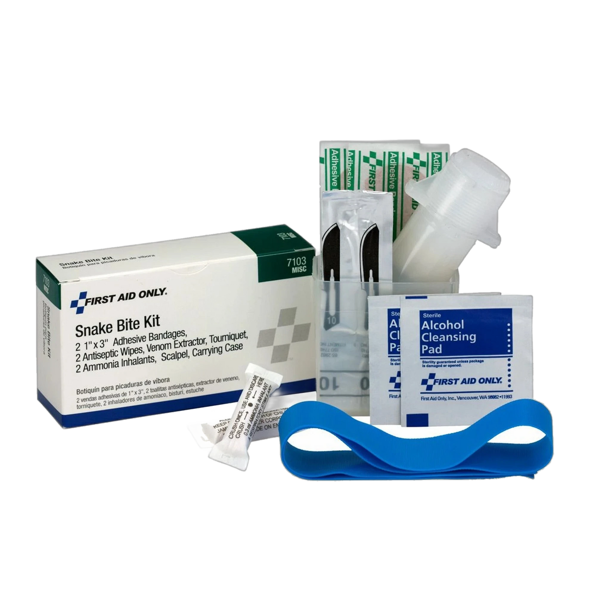 First Aid Only Snake Bite Kit box (item 7103) beside its unpackaged contents: adhesive bandages, venom extractor pump, scalpel blades, alcohol cleansing pads, ammonia inhalants and a blue tourniquet strap