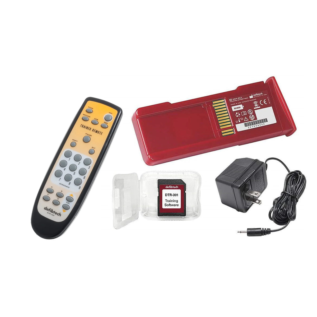 Defibtech Lifeline Trainer AED remote control, replacement battery pack, training software card, and AC adapter