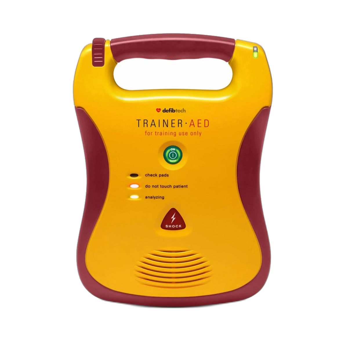 Defibtech Lifeline Trainer AED yellow and maroon case, front view with ON/OFF button and Shock indicator
