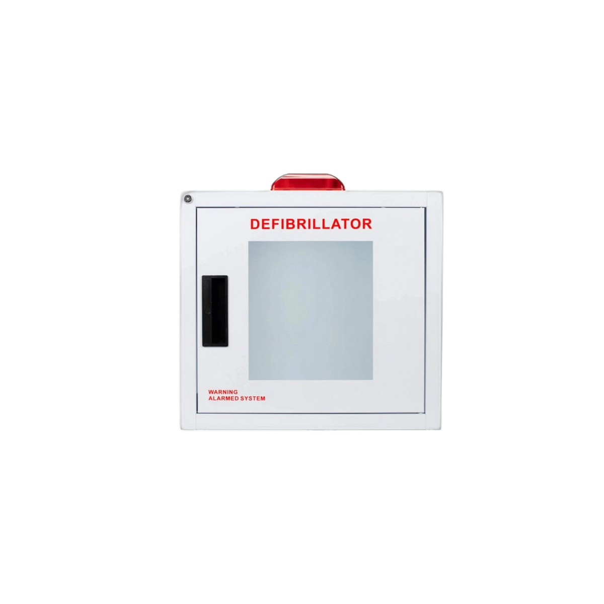 Standard AED wall cabinet with alarm and red strobe light on top, surface mount, white steel with clear window, front view