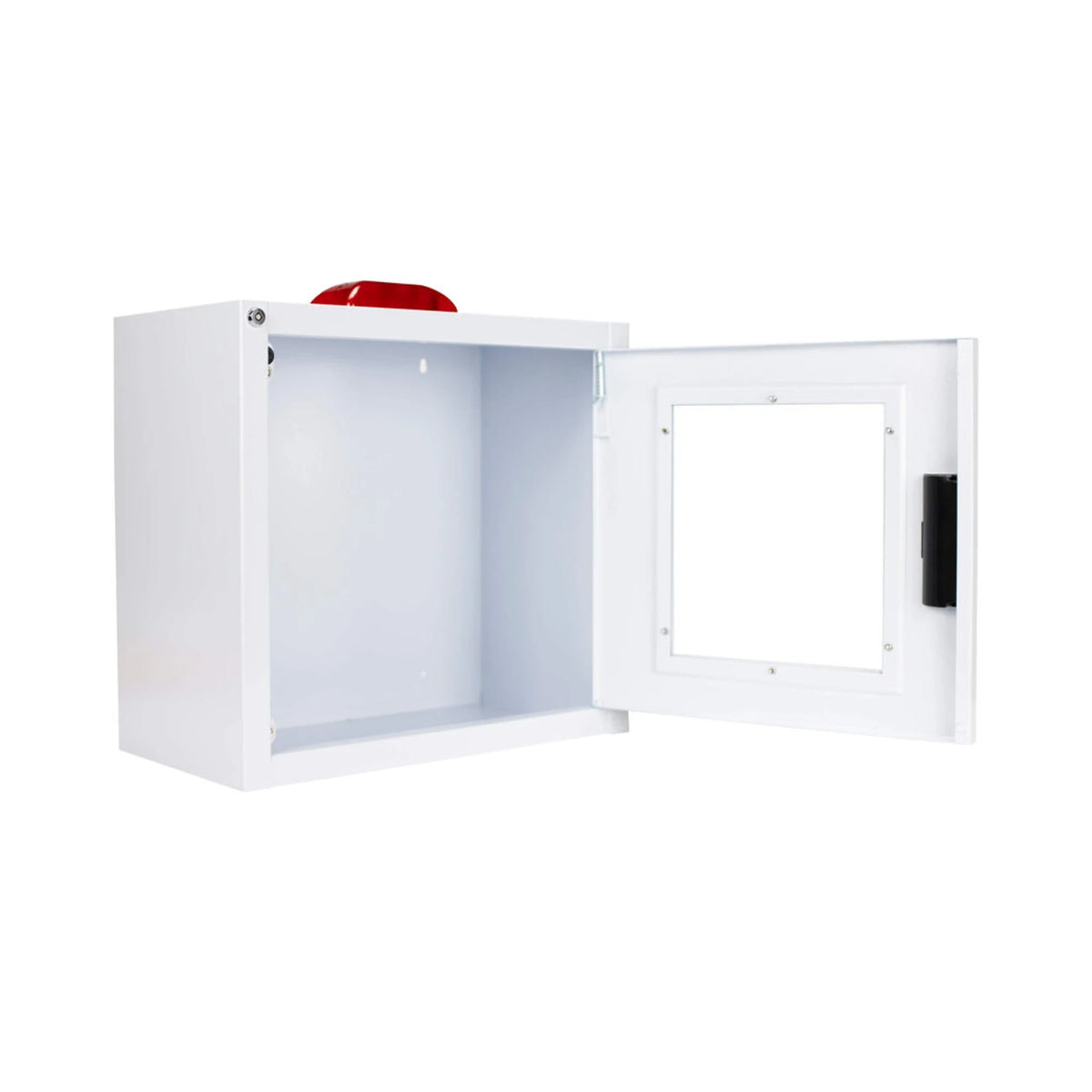 Standard AED wall cabinet with alarm and strobe, surface mount, door open showing the empty white interior