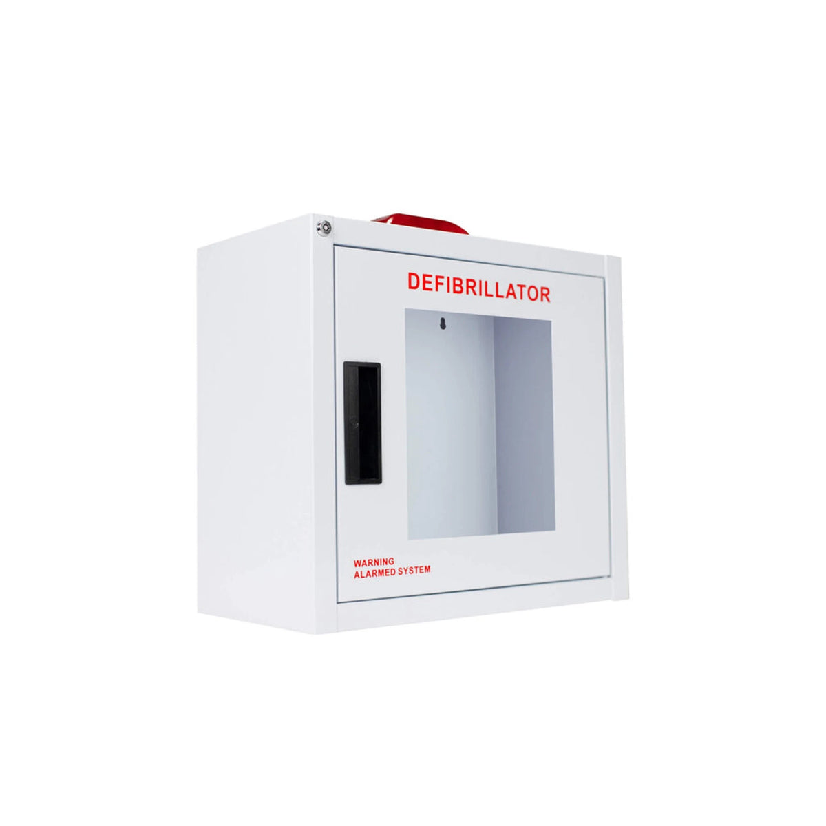 Standard AED wall cabinet with alarm and red strobe light, surface mount, angled view with WARNING ALARMED SYSTEM lettering