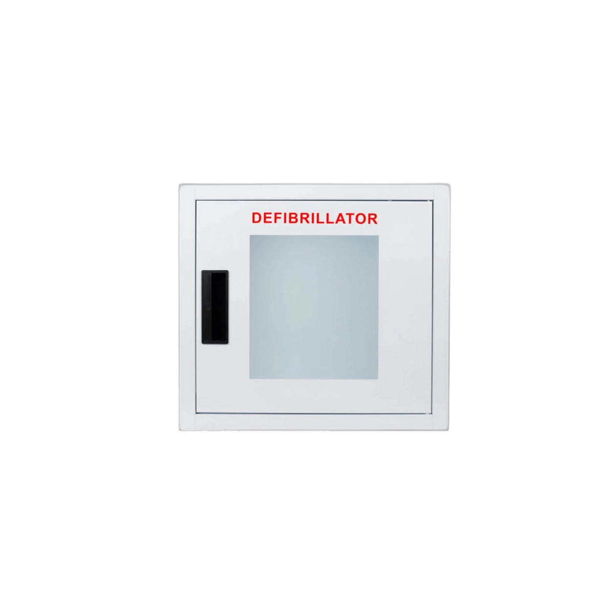 Standard AED wall cabinet, surface mount, white steel with clear window, black handle, and red DEFIBRILLATOR lettering, front view
