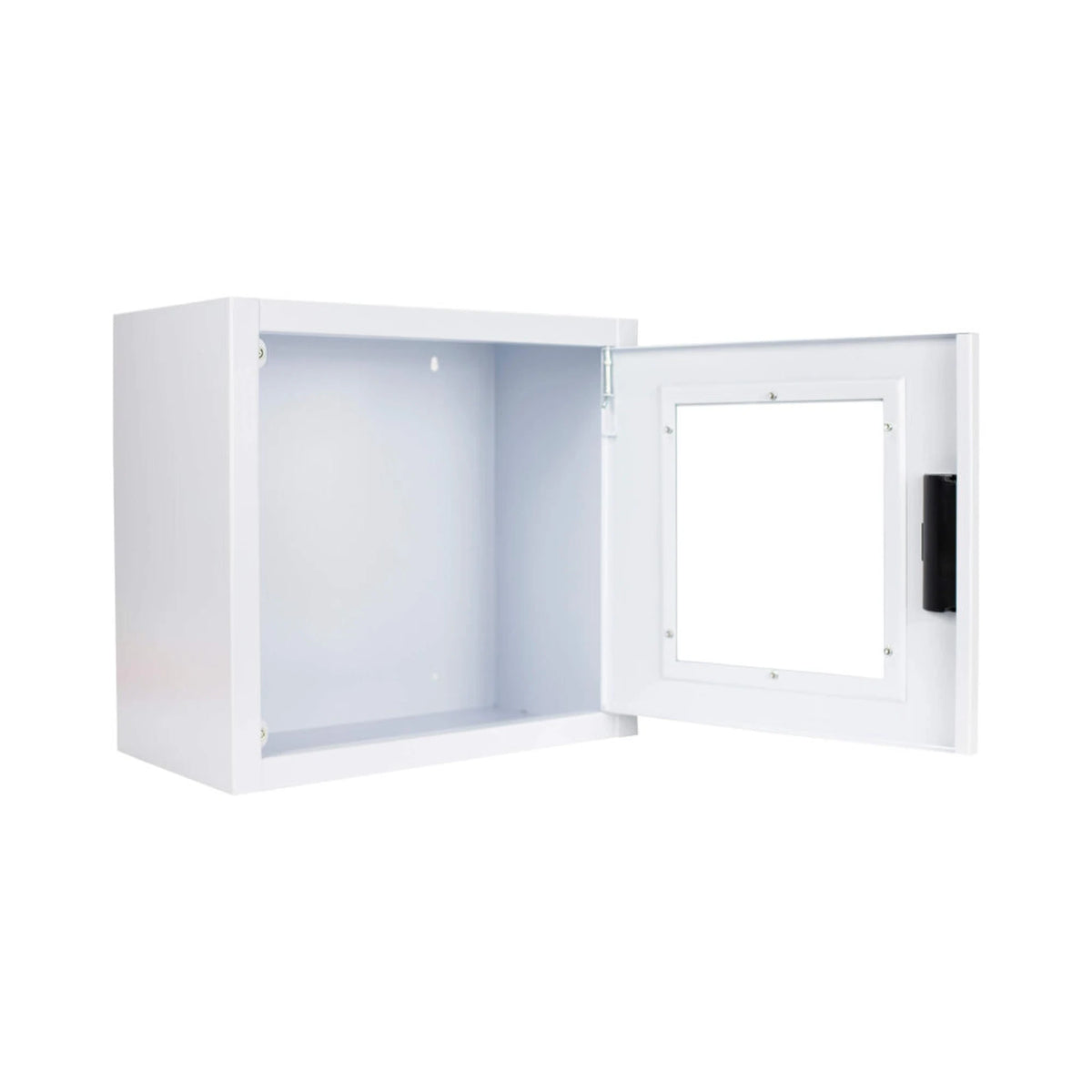 Standard AED wall cabinet, surface mount, door open showing the empty white interior