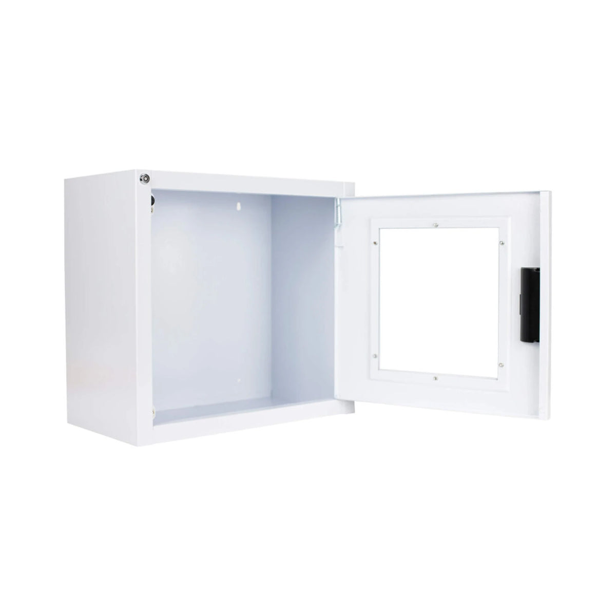 Standard AED wall cabinet with alarm, surface mount, door open showing the empty white interior
