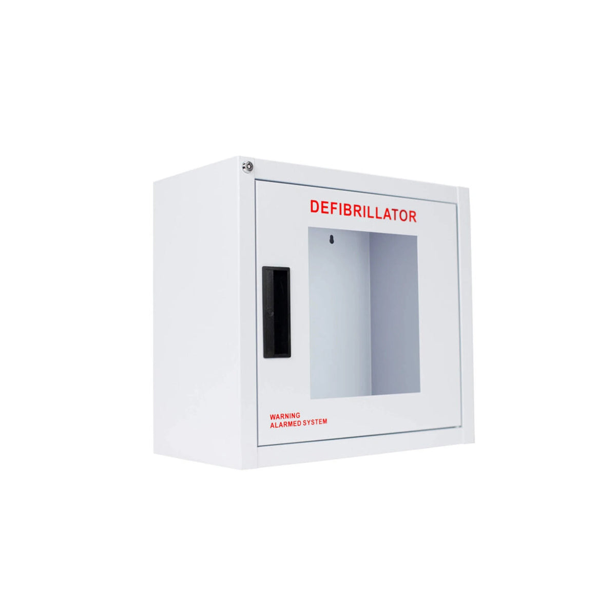 Standard AED wall cabinet with alarm, surface mount, angled view with key lock on the top corner