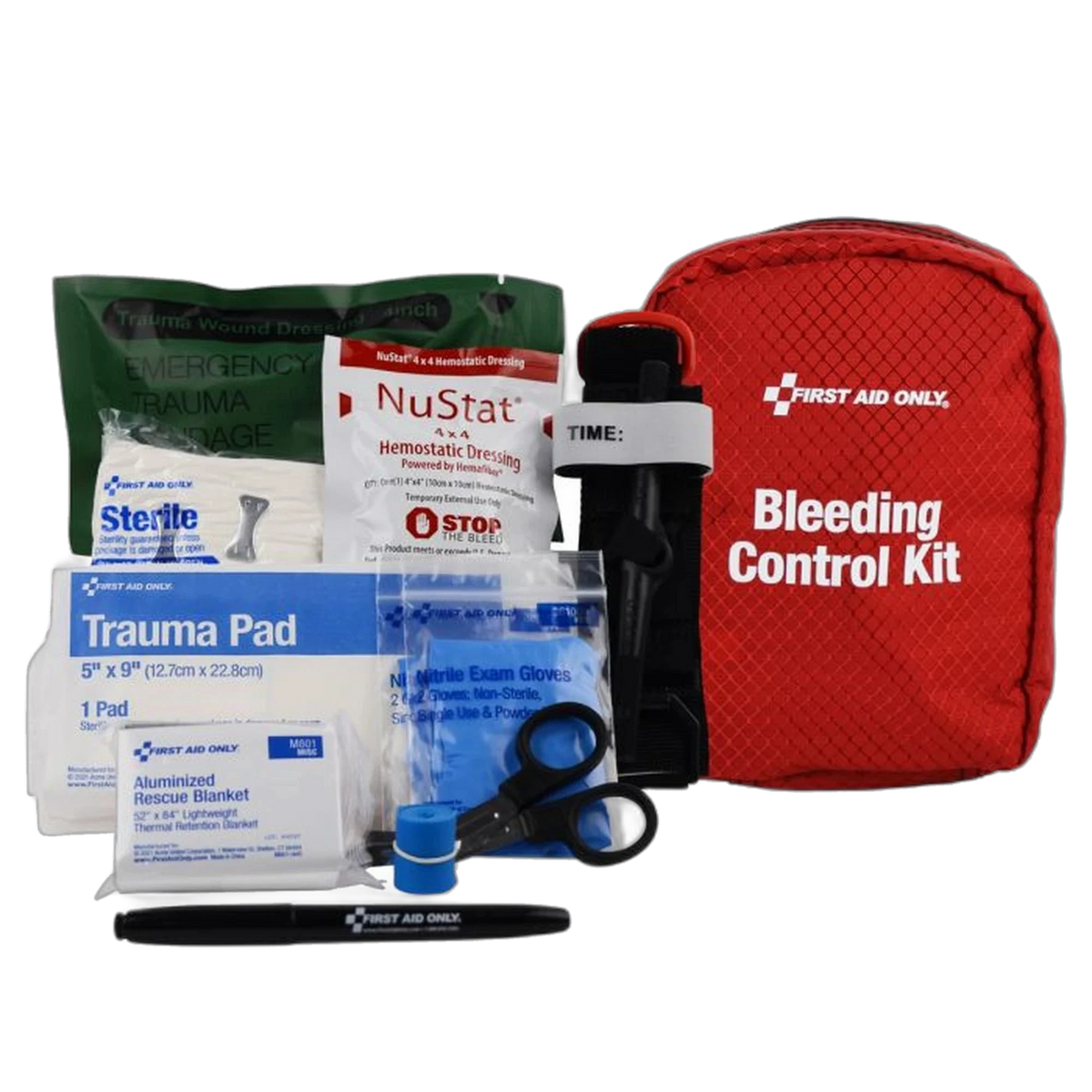 First Aid Only Bleeding Control Kit for limb and torso, red pouch with tourniquet, NuStat hemostatic dressing, trauma pad, shears, gloves, and marker