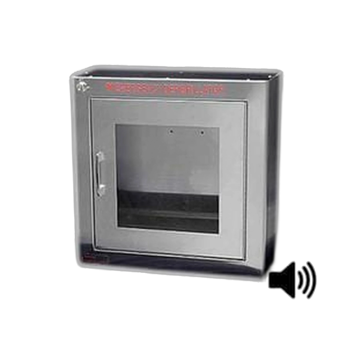 Standard stainless steel AED cabinet with alarm, brushed steel with clear window and silver handle, speaker icon