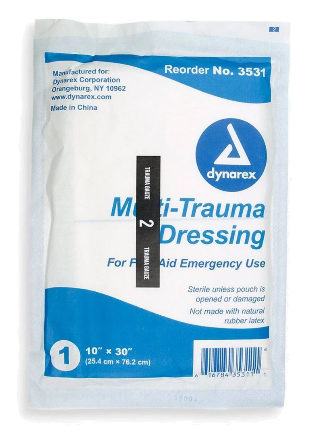 Dynarex sterile multi-trauma dressing, 10 x 30 inch, in sealed package