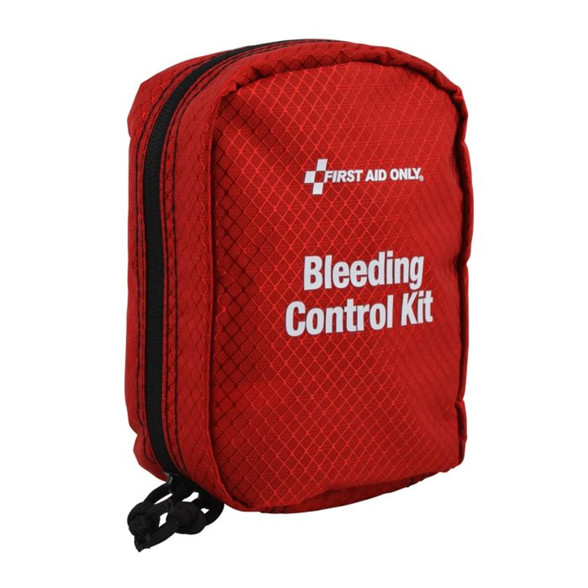 First Aid Only Bleeding Control Kit red pouch, side angle showing the zipper