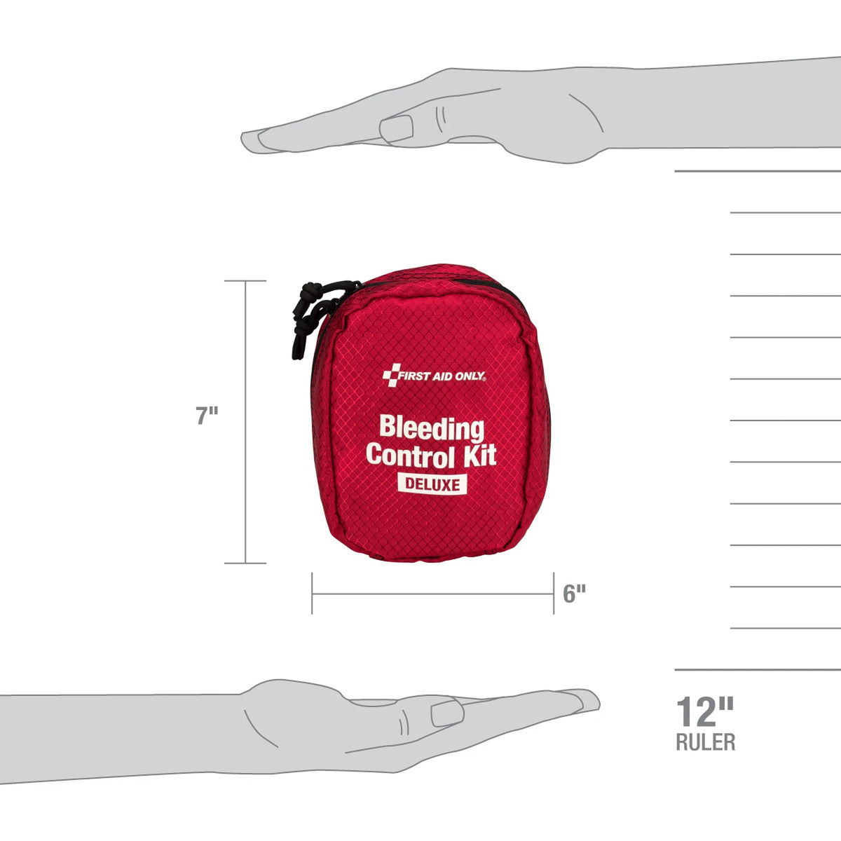 First Aid Only Deluxe Bleeding Control Kit size guide, 7 by 6 inch pouch shown against a hand and 12-inch ruler