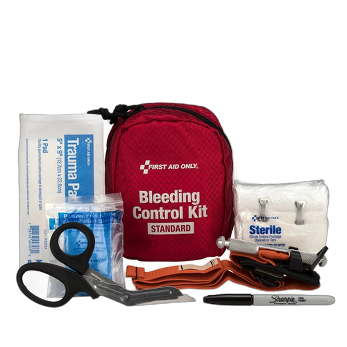 First Aid Only Standard Bleeding Control Kit, red pouch with trauma pad, shears, tourniquet, bandages, gloves, and marker