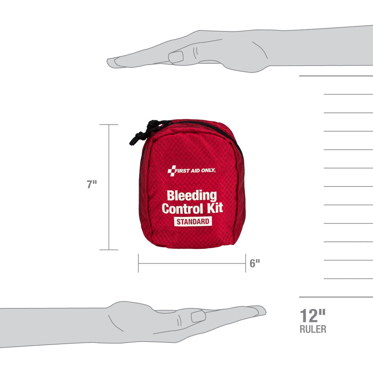 First Aid Only Standard Bleeding Control Kit size guide, 7 by 6 inch pouch shown against a hand and 12-inch ruler