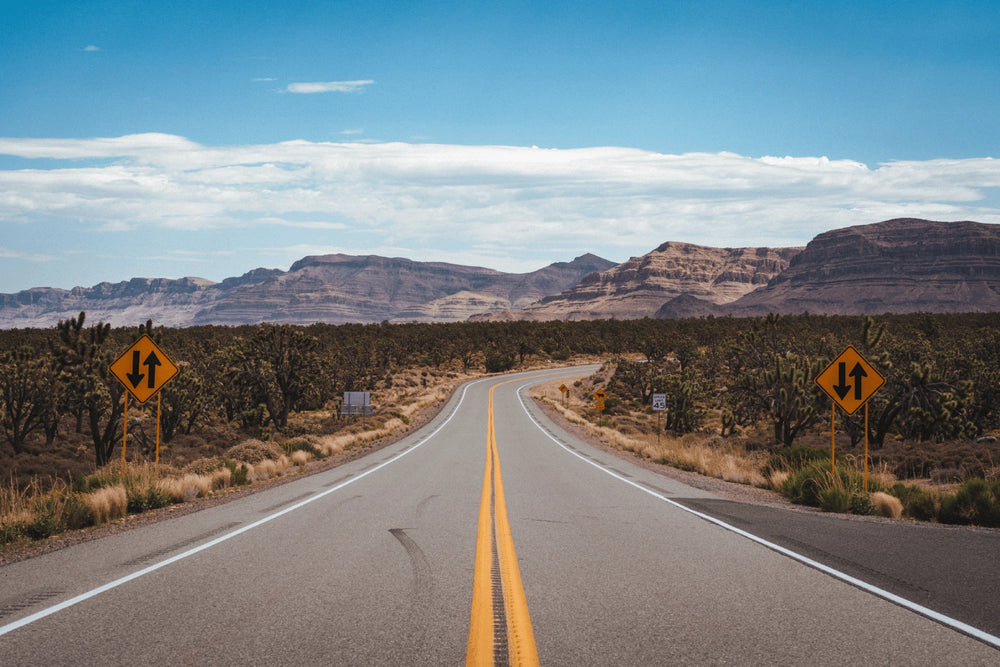 Empty two-lane rural highway winding through a desert landscape with distant mountains