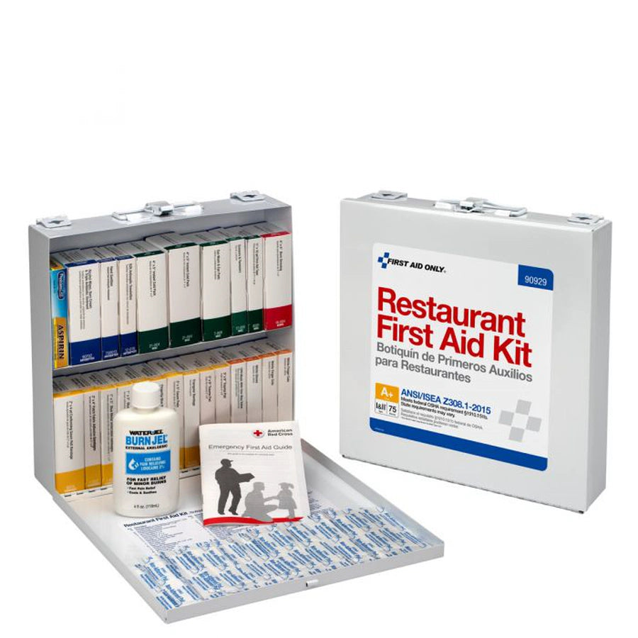 Open metal Restaurant First Aid Kit case with organized medical supplies