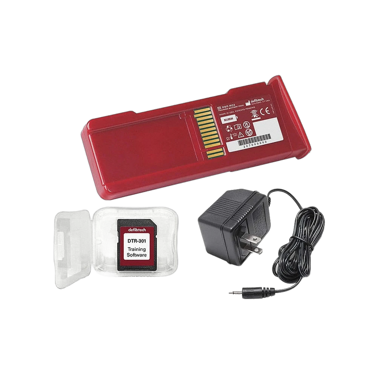 Defibtech AED trainer kit with battery pack, training software card, and charger