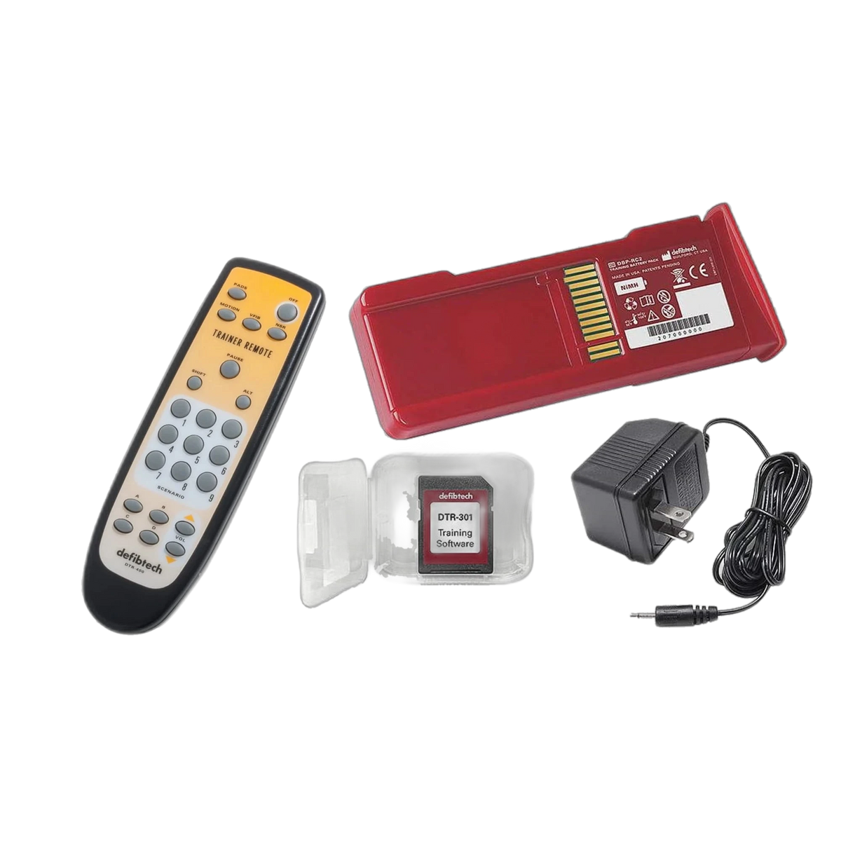 Defibtech AED trainer kit with remote, battery pack, training software card, and charger