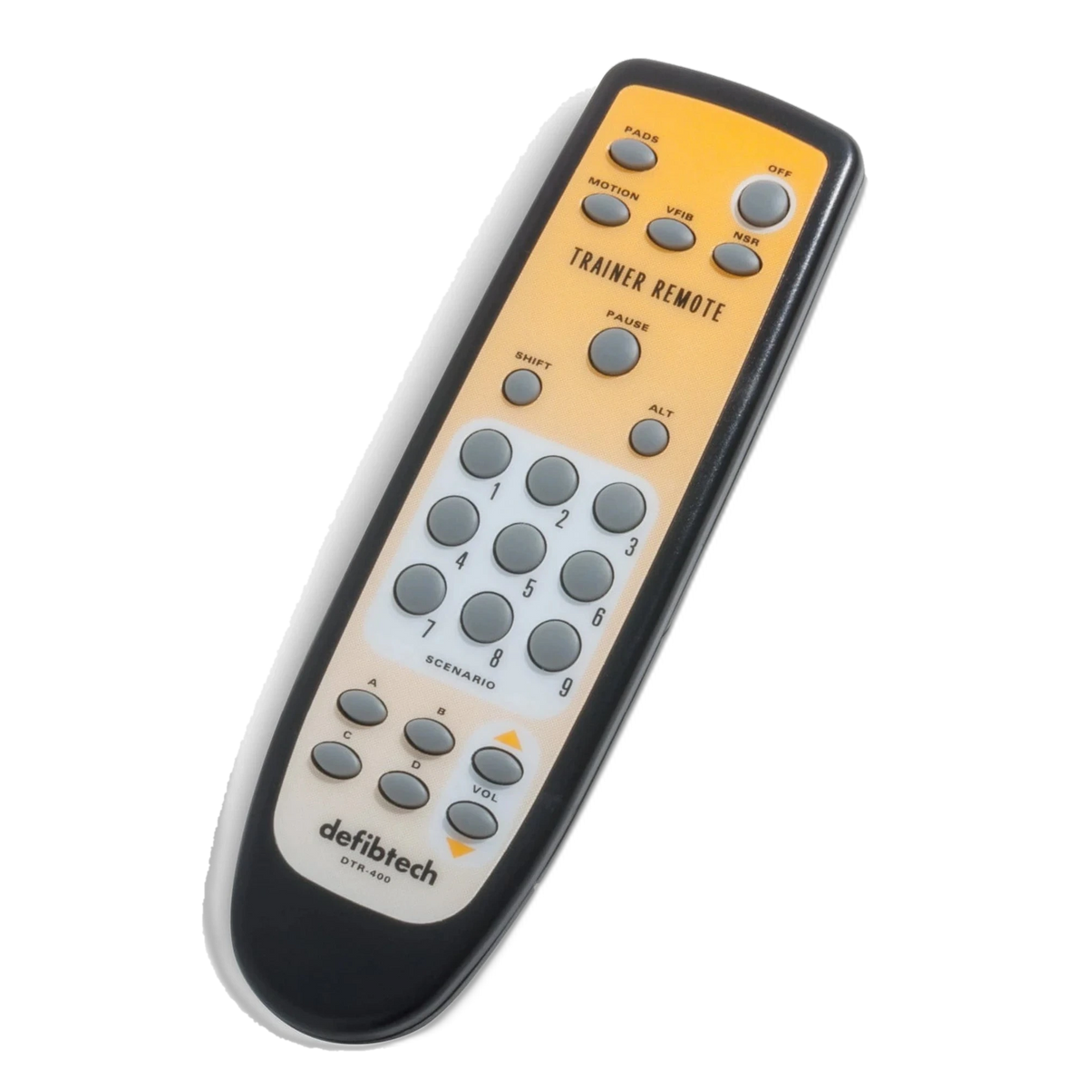 Defibtech Lifeline Trainer AED wireless remote control, angled view showing the scenario keypad