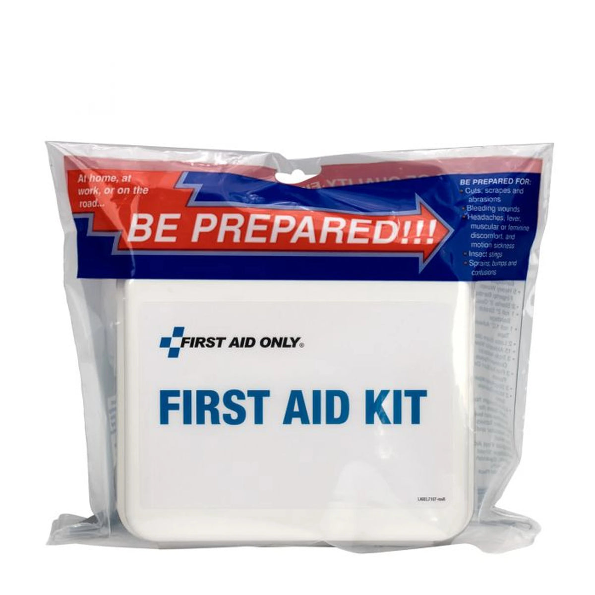 First Aid Only First Aid Kit, closed white plastic case inside its clear "Be Prepared!!!" retail packaging