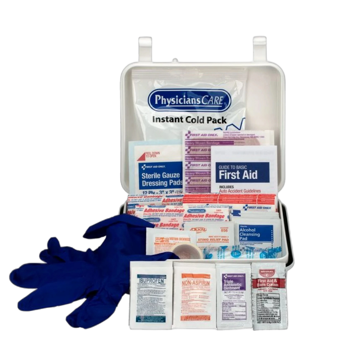 First Aid Only First Aid Kit, open white plastic case showing Instant Cold Pack, gauze pads, bandages, First Aid guide booklet, blue nitrile gloves and medication packets