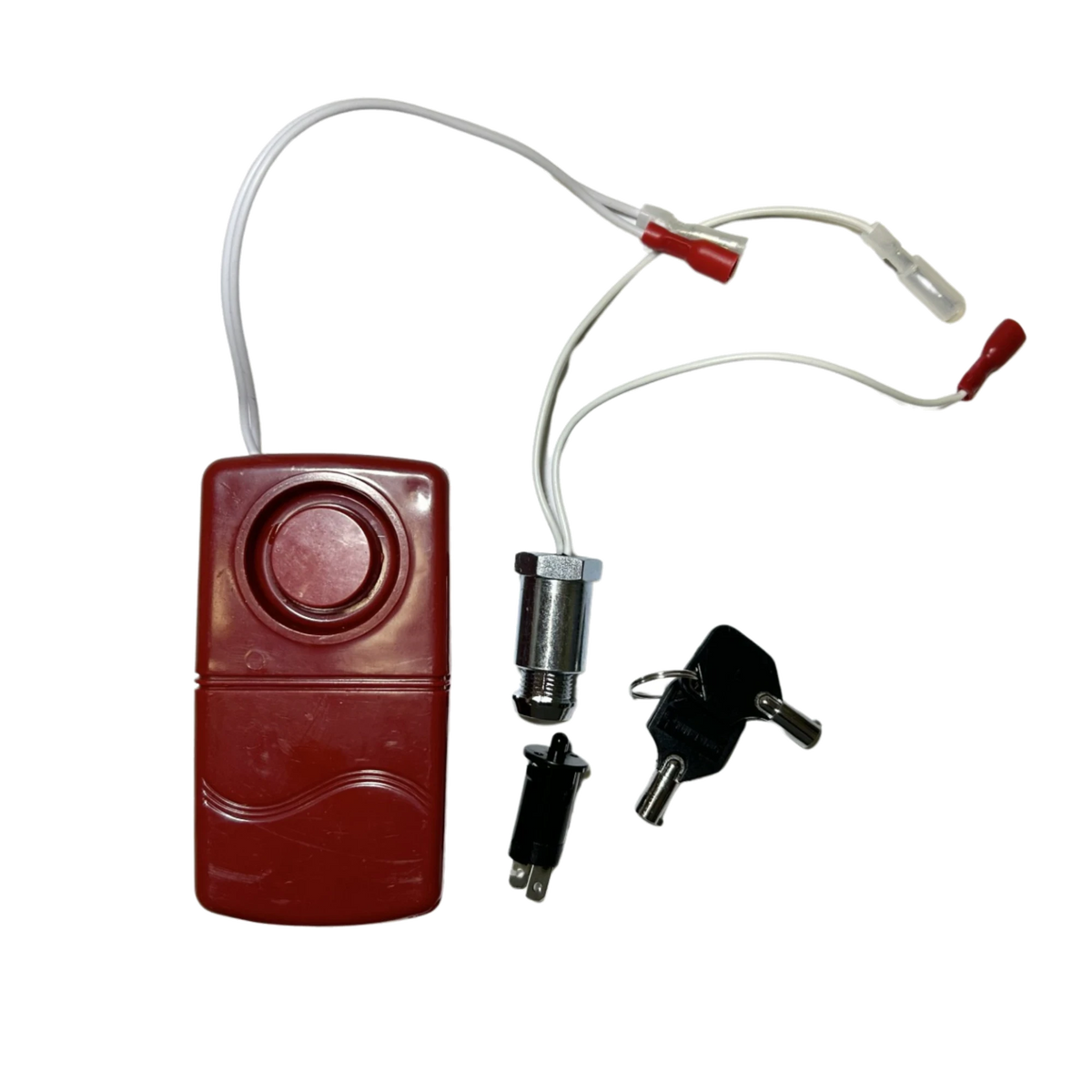 AED wall cabinet alarm kit, dark red battery-powered alarm unit with wired door switch, key switch, and two keys