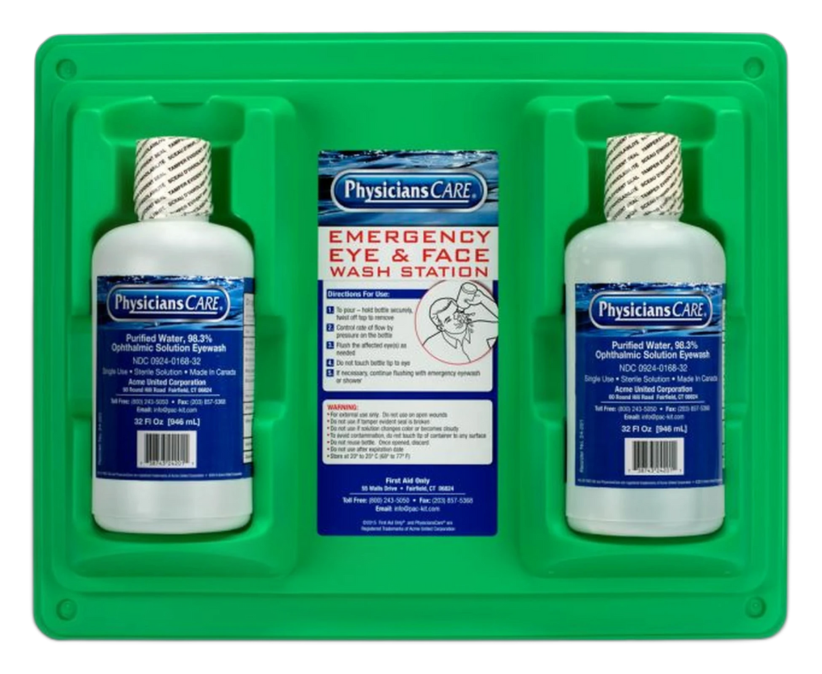 Physicians Care green wall-mount eyewash station with two 32 oz eyewash bottles