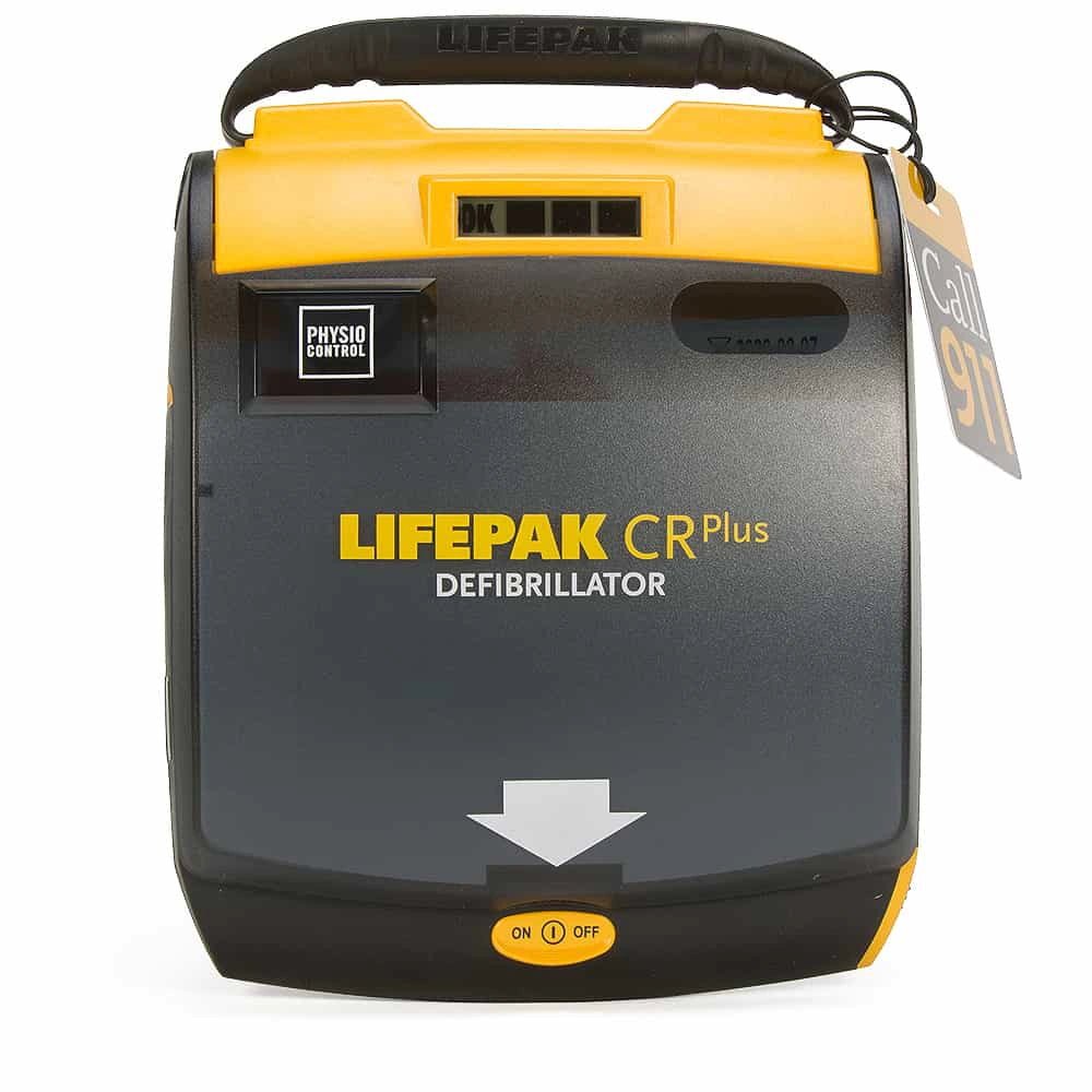 Physio-Control Lifepak CR Plus defibrillator with a Call 911 tag hanging from its handle